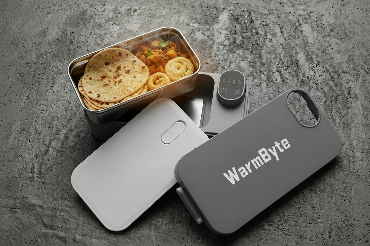 WarmByte Smart Heating Lunch Box open with hot food inside, steaming