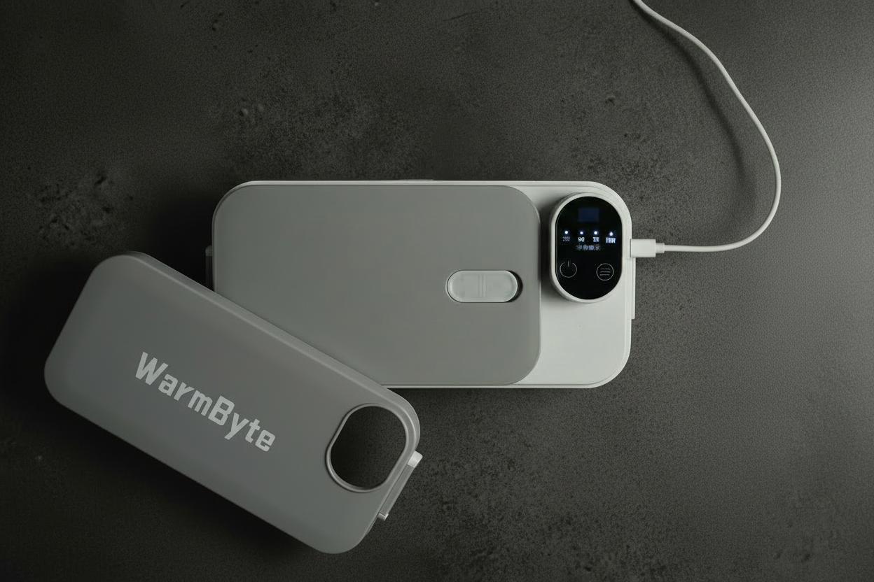 Open WarmByte box with the USB-C charging cable and lit battery panel