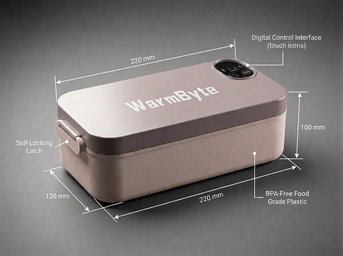 WarmByte dimension diagram, Sandstone — millimetre measurements with self-locking latch, digital control interface, and BPA-free plastic labelled